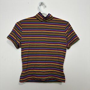 Vintage 90s Striped Short-Sleeve Turtleneck Top in Multicolor